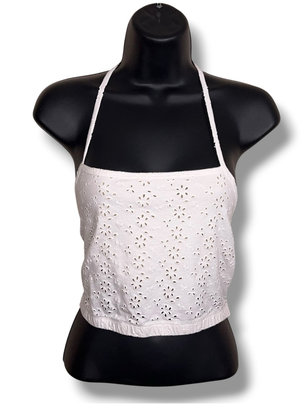 Y2K Large Moda International White Lace Crop Top Halter Tie Closure Lined